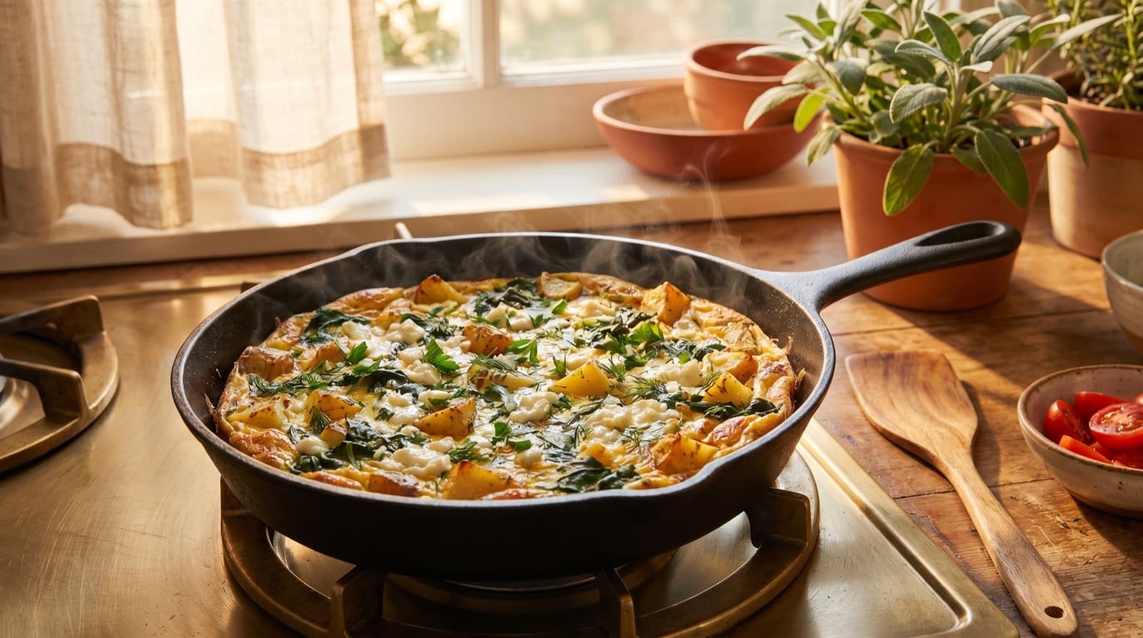 A 'use it up' frittata in a cast iron skillet on a stovetop, golden eggs studded with wilted spinach, leftover roasted potatoes, crumbled cheese and fresh herbs