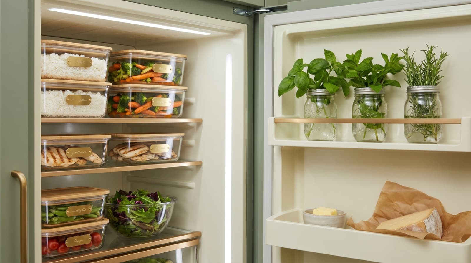 An organised fridge with containers of prepped ingredients on each shelf