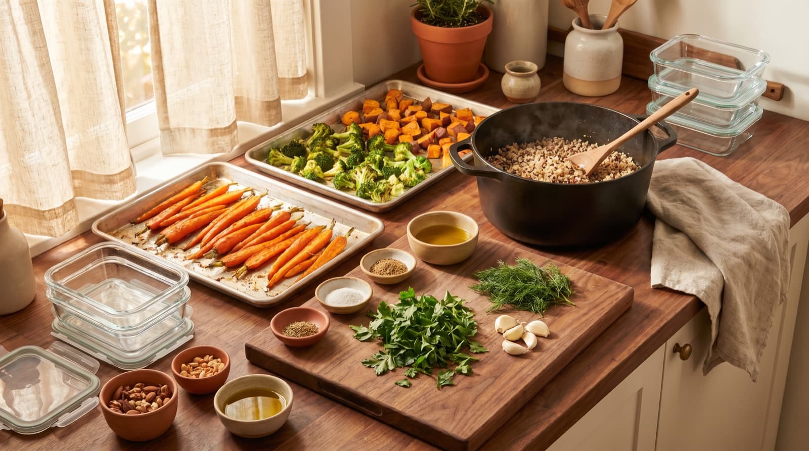 A Sunday batch-cooking scene on a kitchen counter, sheet pans of roasted vegetables, a stockpot of grains, mounds of chopped herbs and garlic, and clean glass meal-prep containers waiting