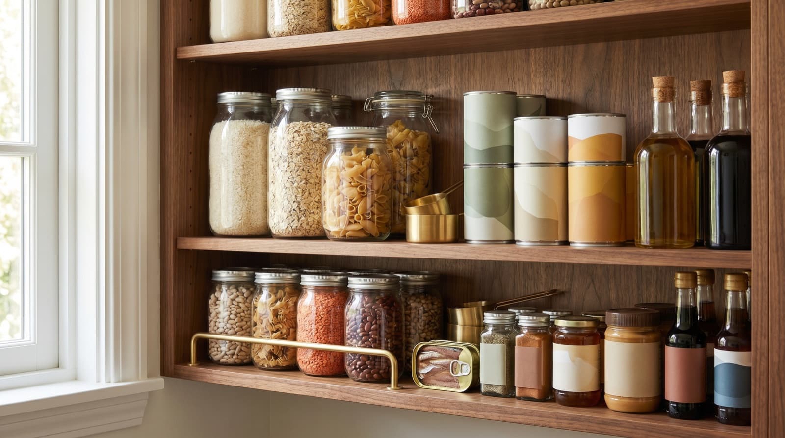 A warm walnut pantry shelf packed with cooking essentials, tinned tomatoes, dried pasta, rice, oats, beans, olive oil, vinegars, soy sauce