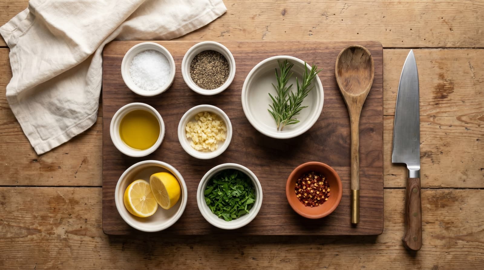 A chef's mise en place, small white ceramic ramekins with salt, pepper, olive oil, garlic, parsley, lemon, rosemary, and chilli flakes on a wooden board