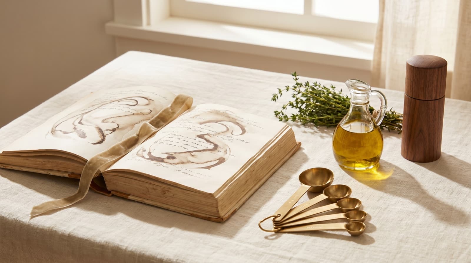 A recipe open on a phone next to ingredients and a notebook on a kitchen counter