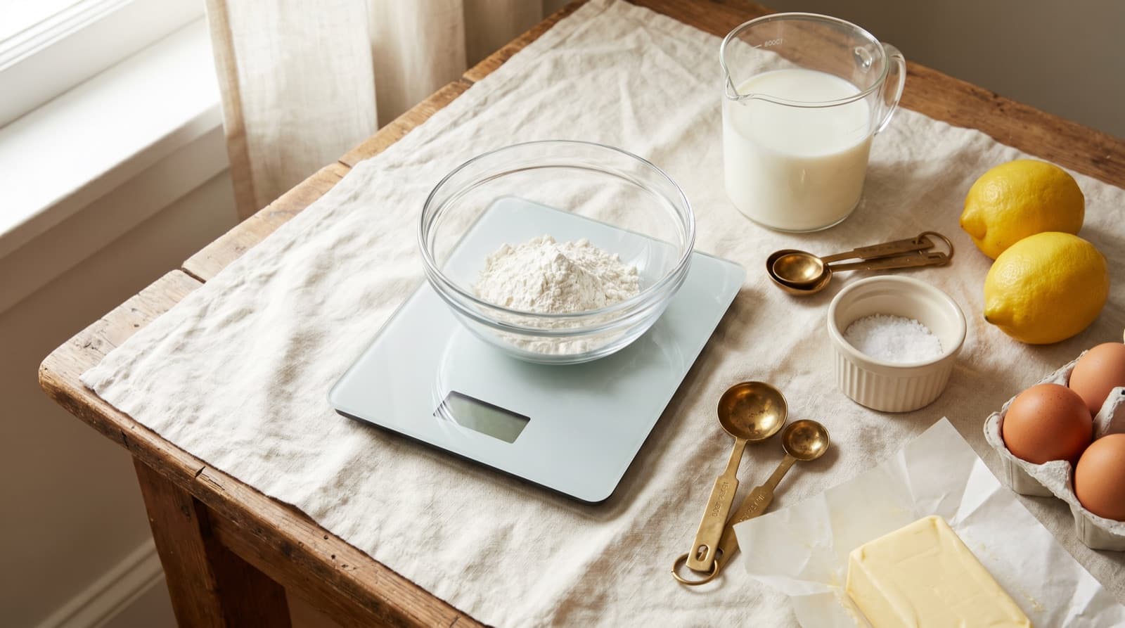 Measuring spoons, a kitchen scale and an open recipe book on a wooden counter, ready to scale a recipe up or down