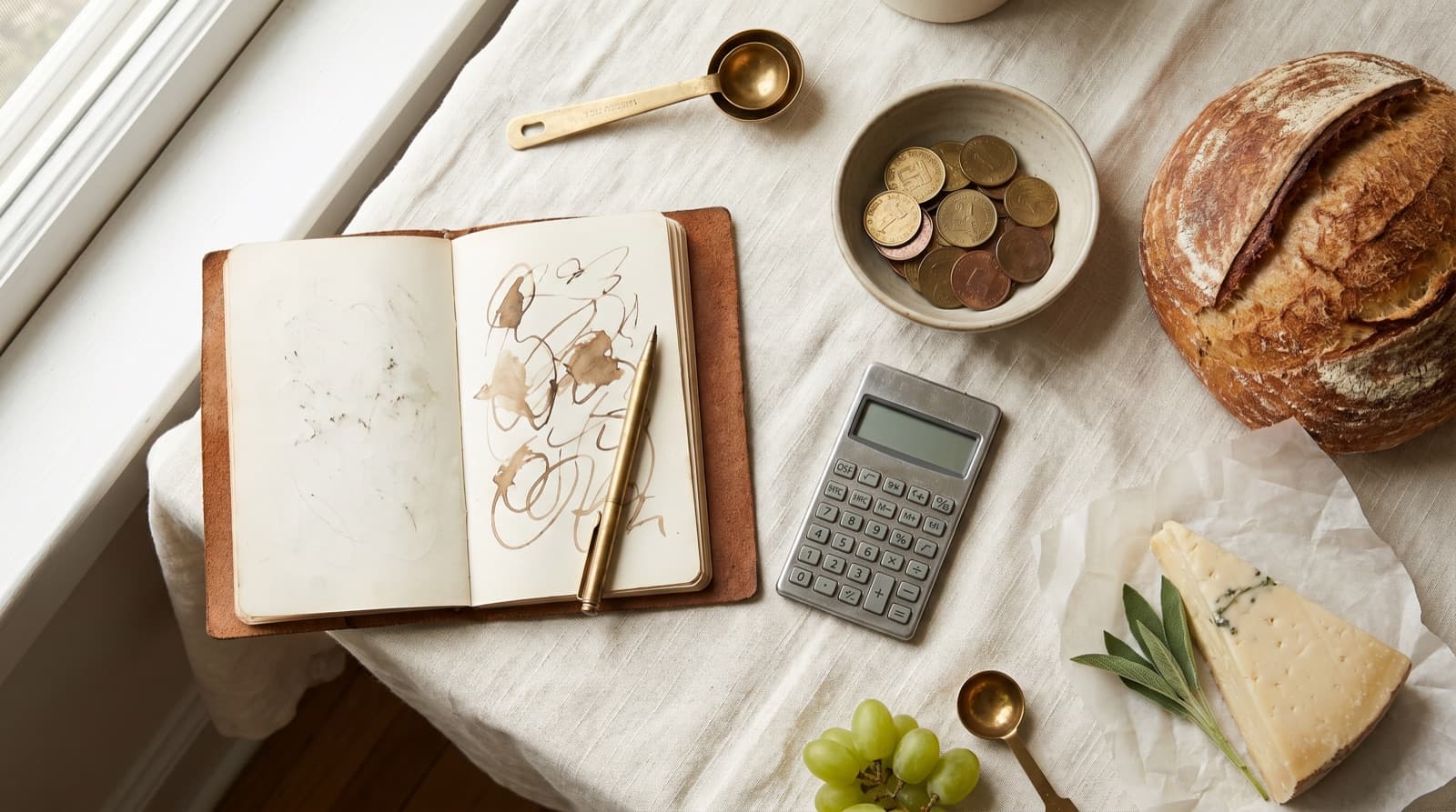 An overhead conceptual budget composition, a leather notebook, a calculator, a brass pen, a small bowl of coins, sourdough, cheese and grapes on cream linen