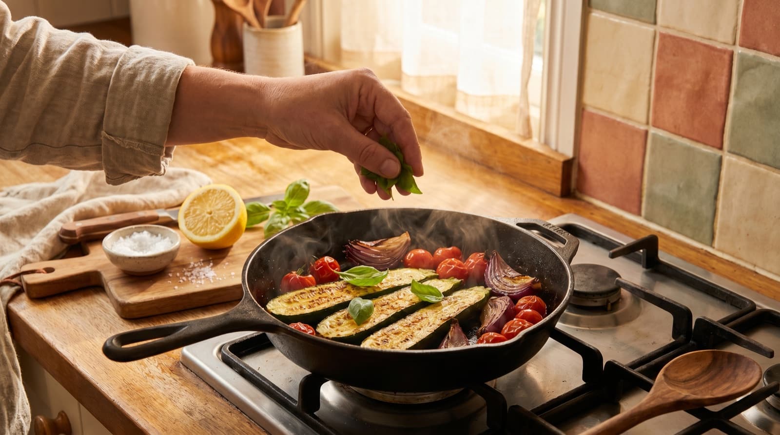 A finished home-cooked meal plated on a kitchen counter, the dinner a saved newsletter recipe is supposed to become