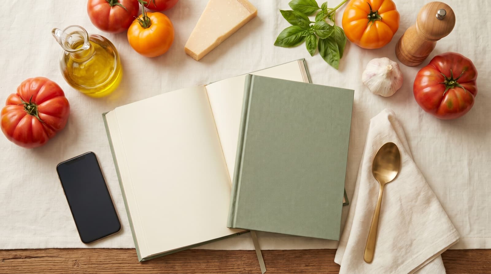 A phone held above a kitchen counter showing an Instagram Reel of a pasta dish, with chopped ingredients and a wooden spoon out of focus in the background