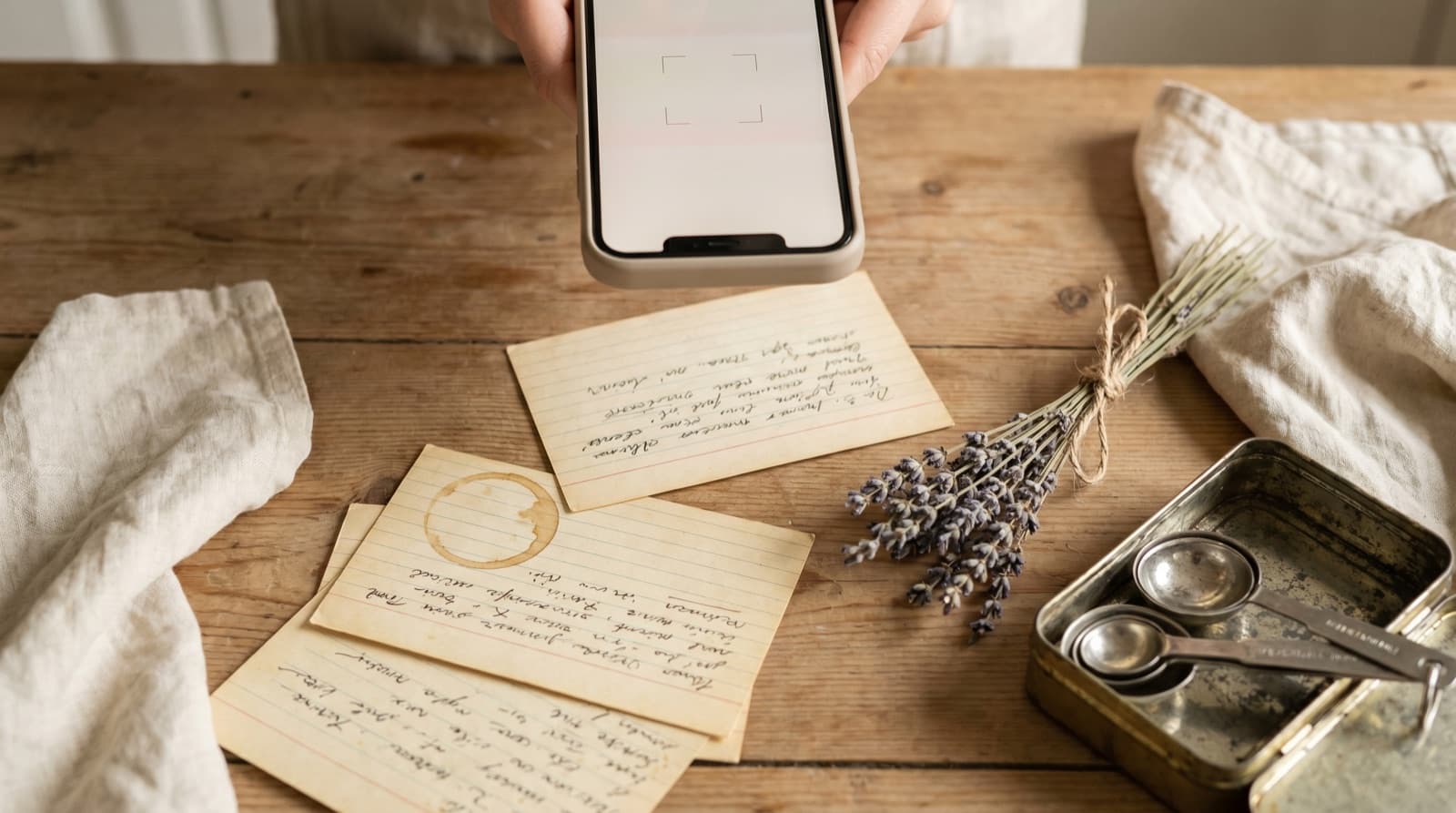 An open cookbook on a kitchen counter beside a phone showing the same recipe imported as a digital card