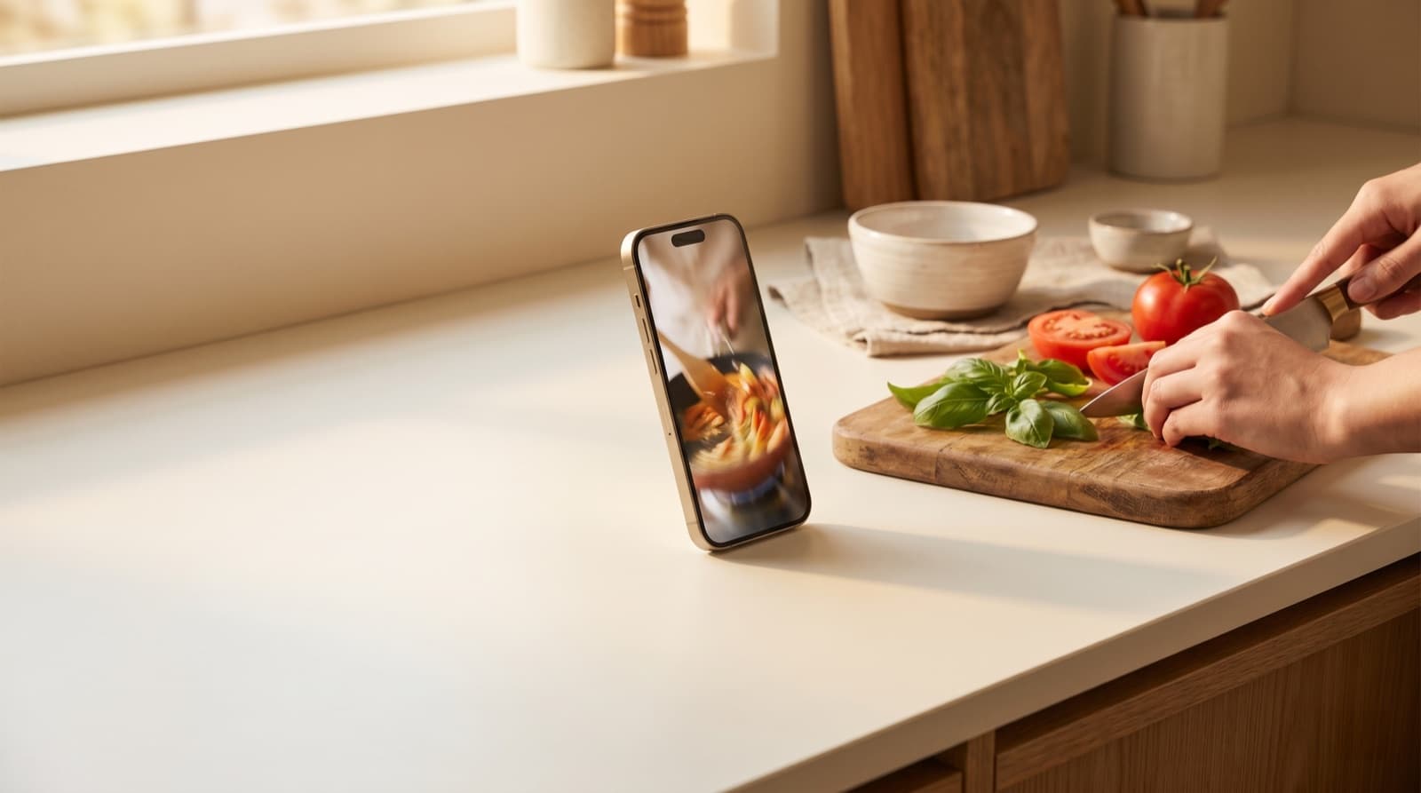 A phone propped against a kitchen backsplash playing a TikTok cooking video, next to a chopping board, fresh ingredients and a notebook